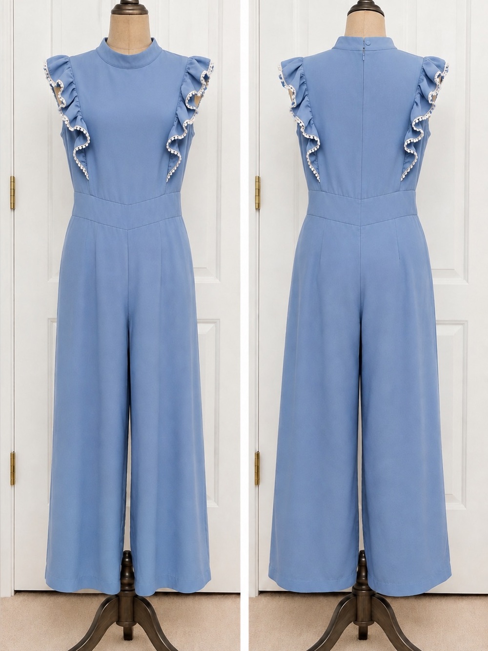 SHEIN Light Blue Ruffle Sleeve Wide Leg Jumpsuit | Pom Pom Trim | Size M